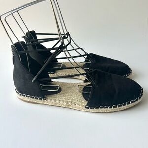 Eileen Fisher "Lee" Black Washed Leather d'Orsay Espadrille Sandals Size 8
